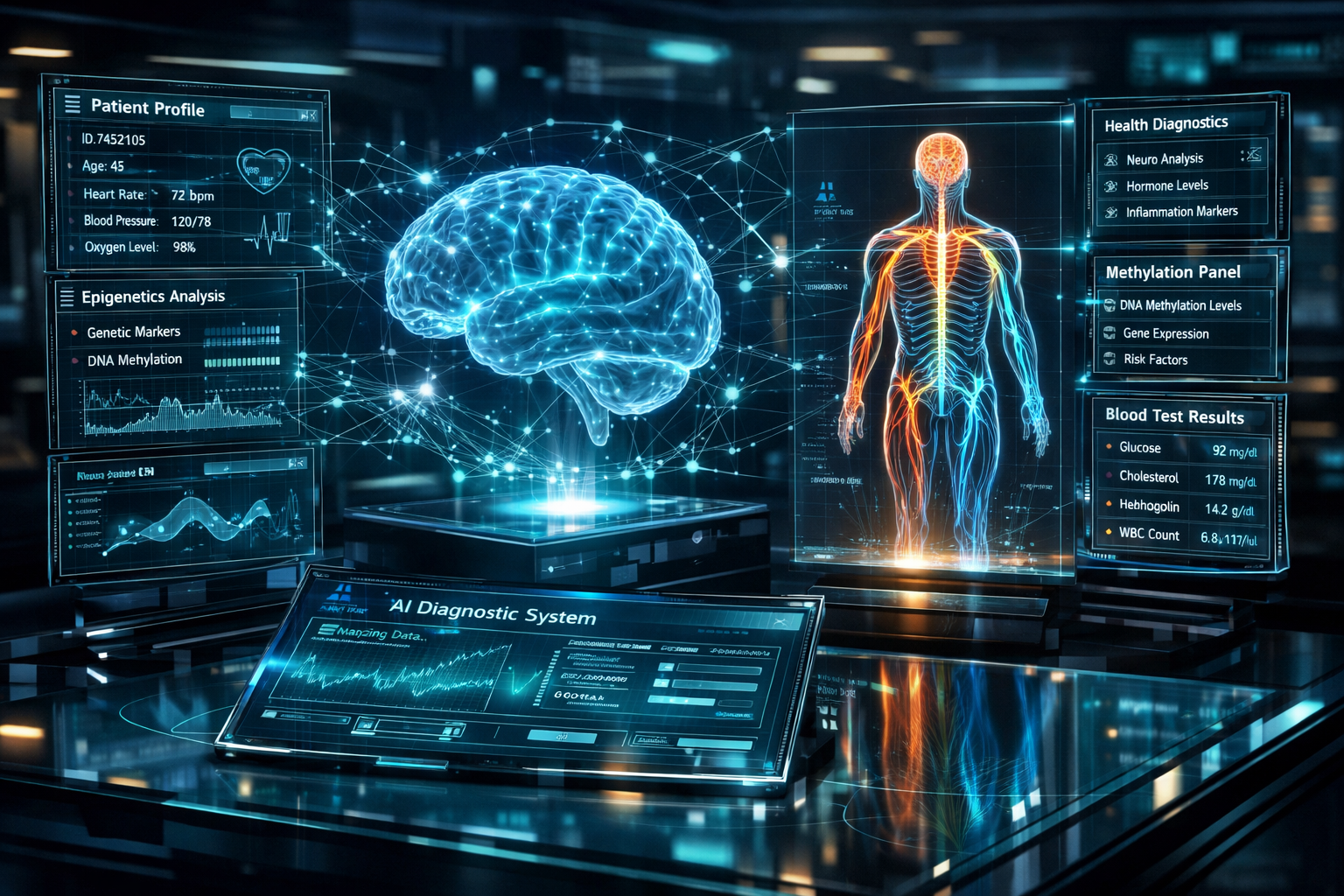 AI diagnostic system analyzing multiple patient data streams including epigenetics, methylation, and blood work