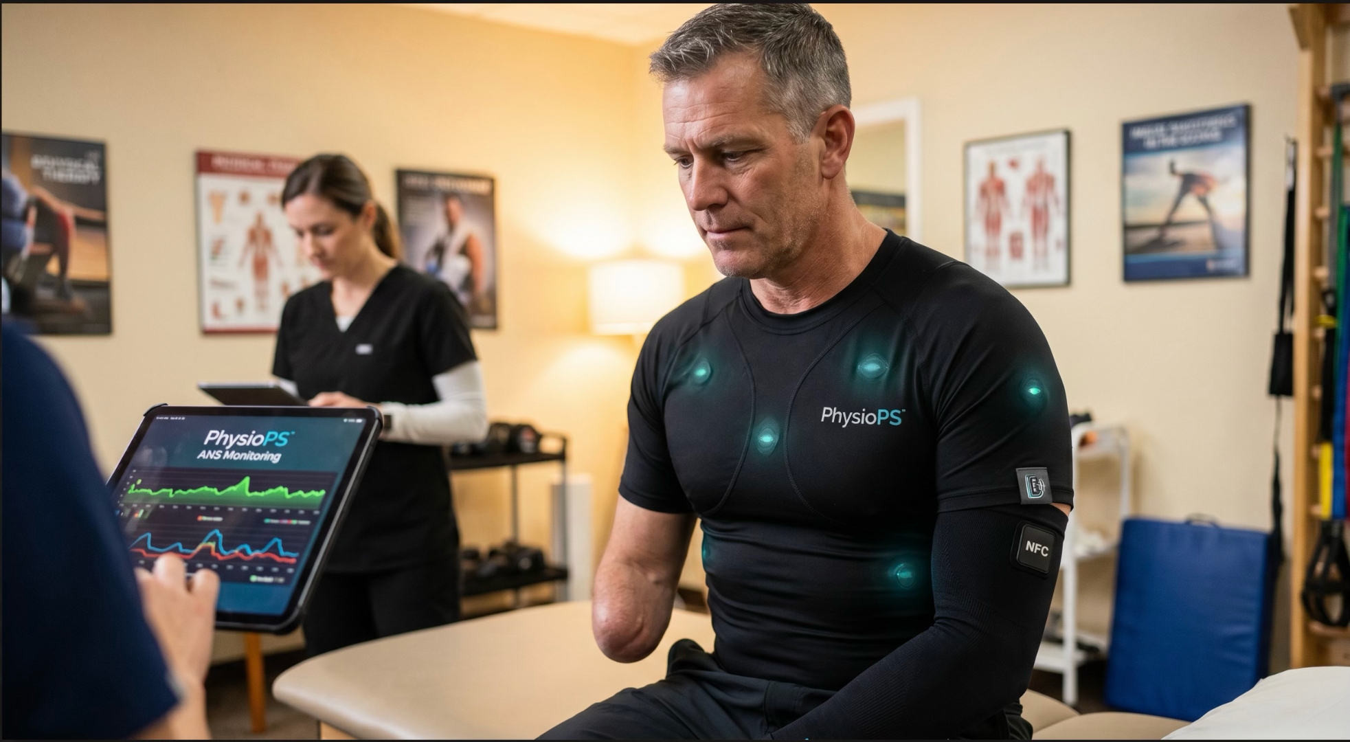 Veteran undergoing PhysioPS ANS diagnostic testing wearing the PhysioPS biosensor garment